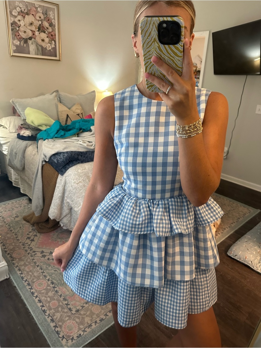 English Factory Blue and White Gingham Tiered Mini Dress